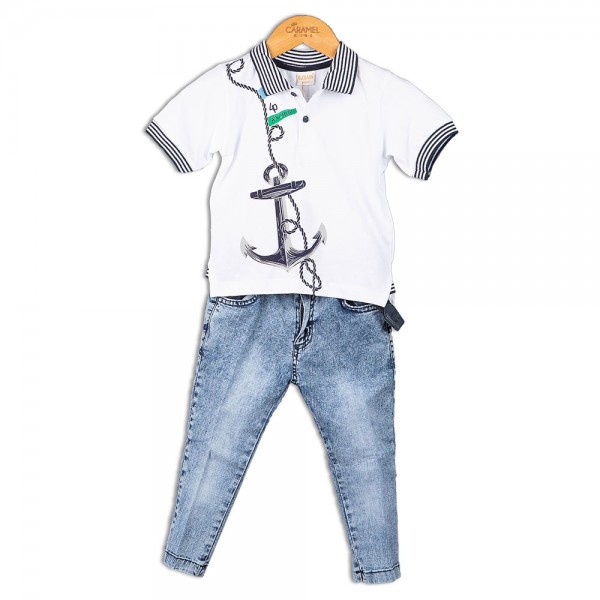 Παιδικό σετ t-shirt με τζιν παντελόνι λευκό-μπλε (2-6 ετών)
